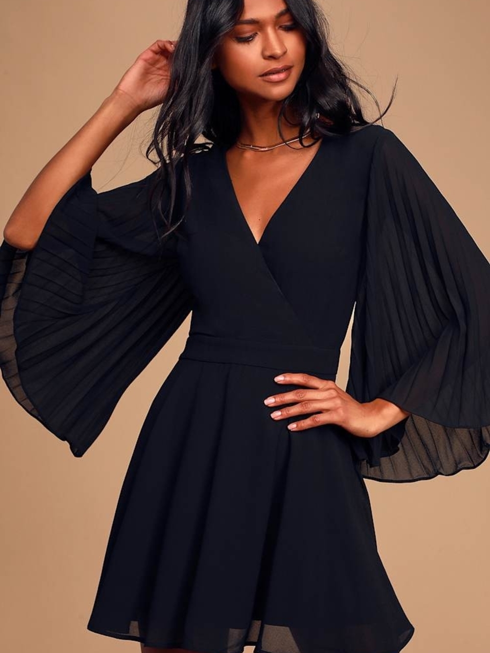 Lulus Chic Love Black Pleated Sleeve Skater Dress S Wedding Cocktail Party